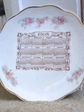 Antique 1908 Floral Calendar Plate 8.25"Gold Trim Smith Phillips Semi Porcelain